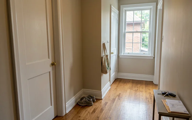 Quiet, restored apartment hallway after remediation