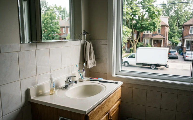 Renewed bathroom vanity and dry tiled wall