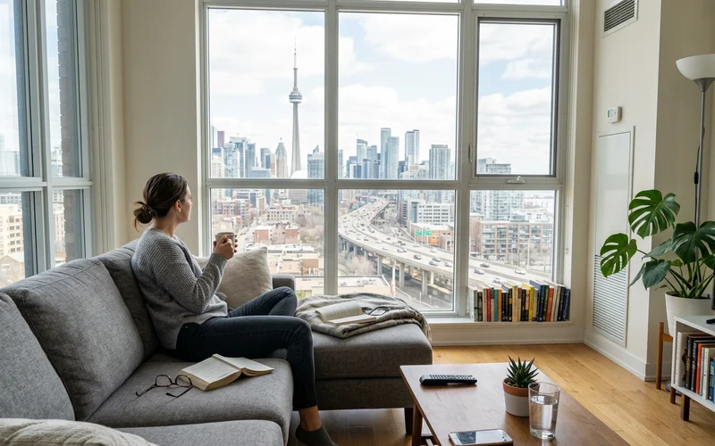 Restored condo living room with a city skyline view