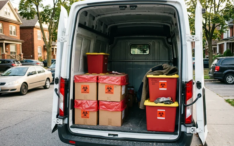Sealed sharps containers and lined biohazard boxes in a van