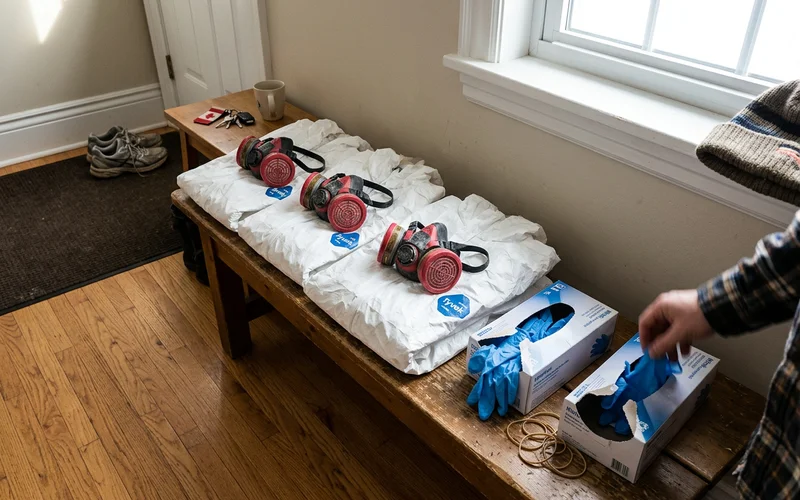 Tyvek suits, P100 respirators and nitrile gloves laid out on a bench