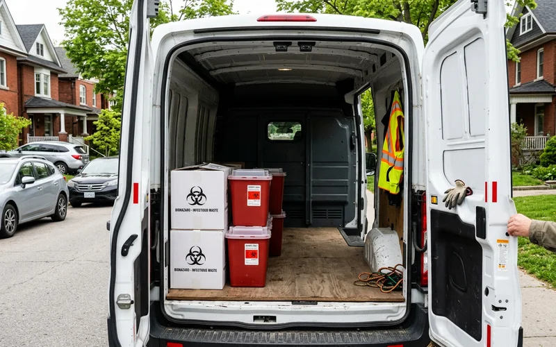 Sealed biohazard boxes and sharps containers inside a van