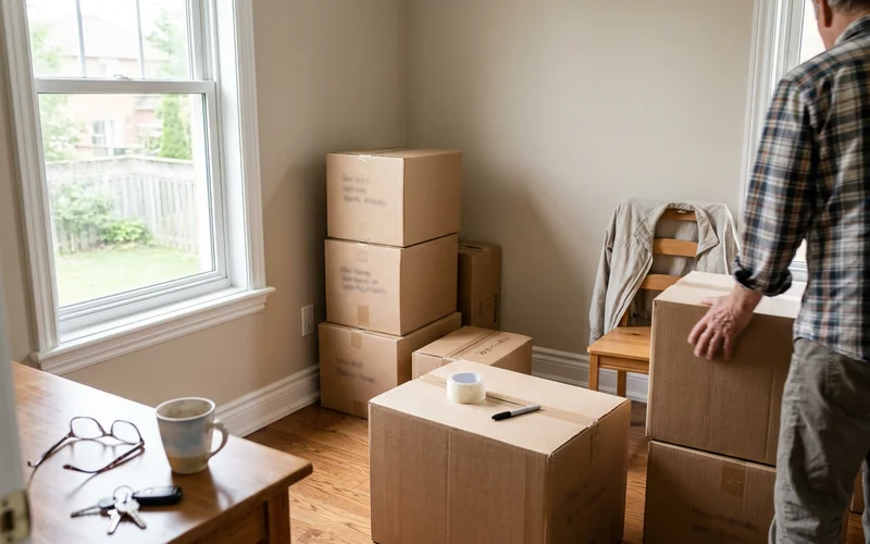 Sealed, labelled boxes stored in a tidy spare room