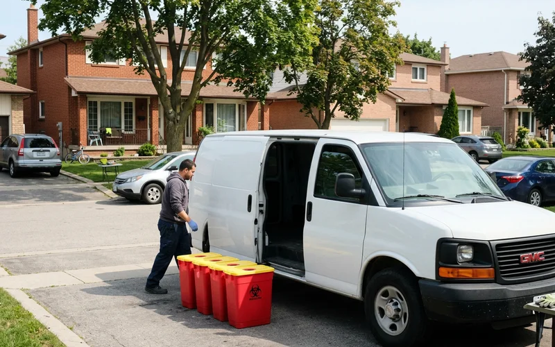 Sealed biohazard containers beside an unmarked van