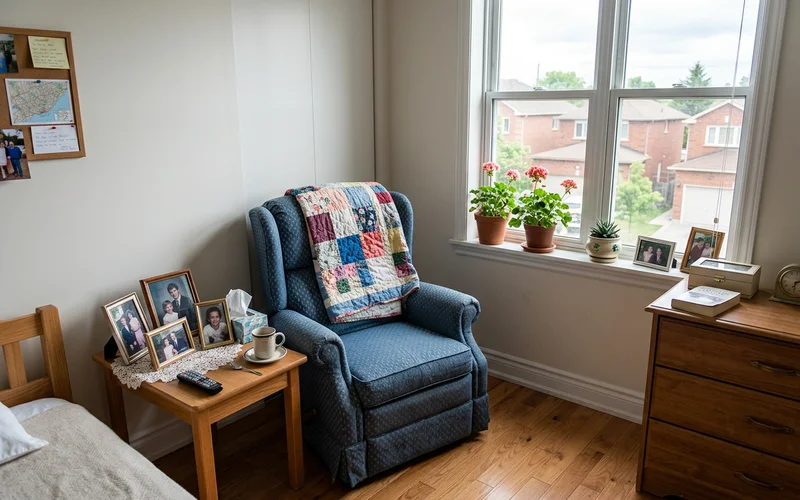 Long-term care room arranged with a favourite armchair and family photos