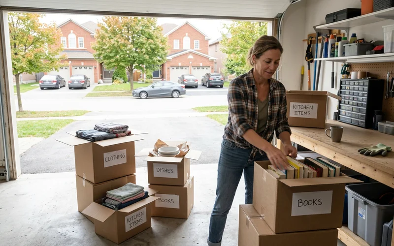 Sorted household items in labelled boxes in a clean garage