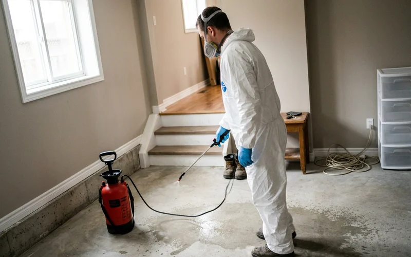 Technician spraying disinfectant on a cleared basement floor