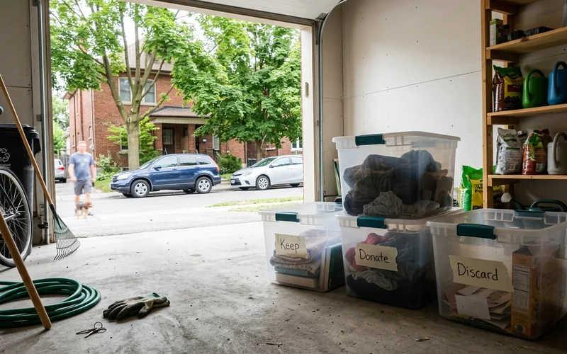 Keep, donate and discard bins lined up in a clean garage