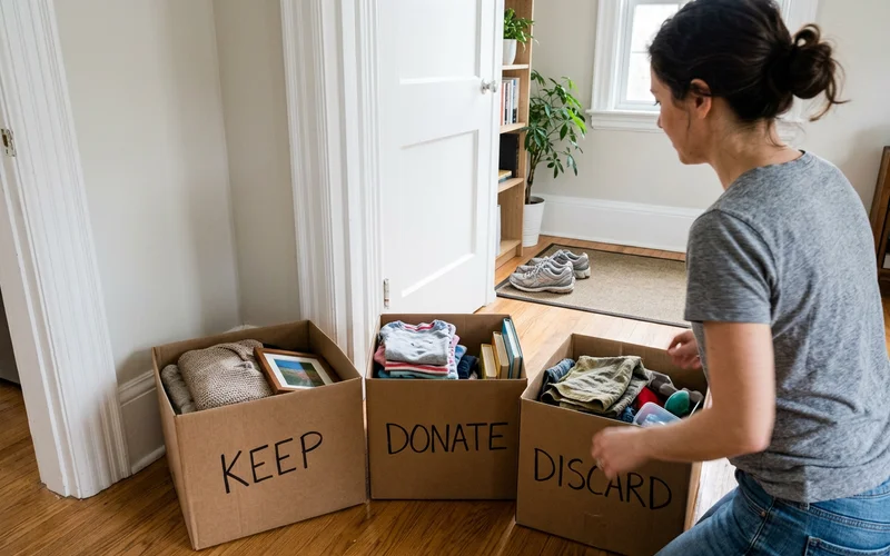 Keep, donate and discard boxes on a cleared floor