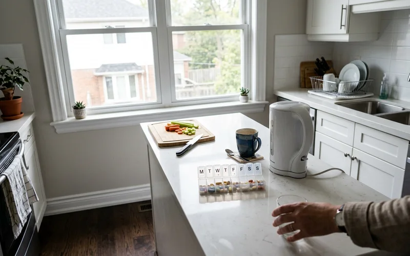 Tidy kitchen counter with a medication organizer and clear space