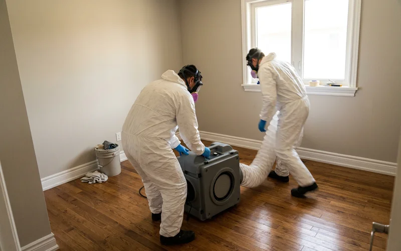 Two crew members in full PPE running a HEPA air scrubber