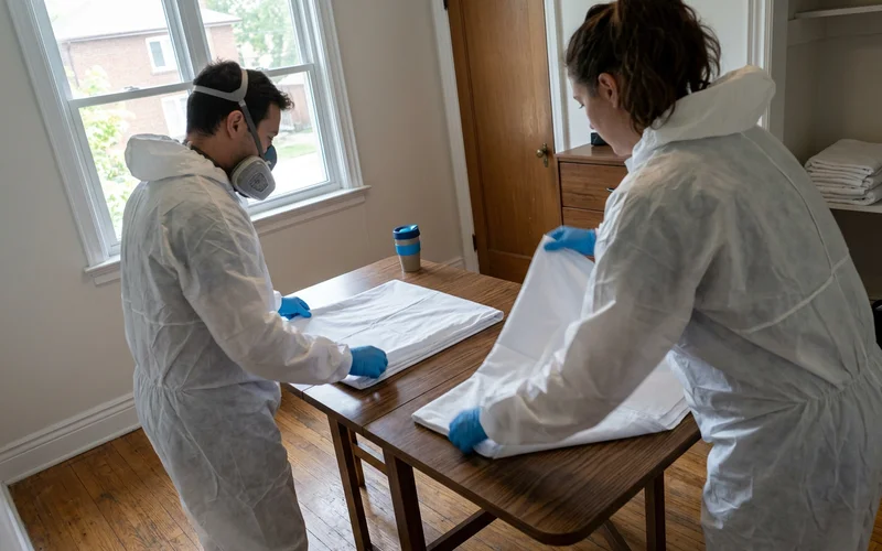 Two crew members folding linens quietly, faces turned away