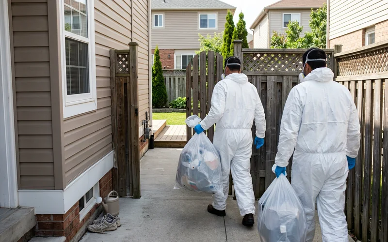 Two crew members carrying sealed bags through a side gate