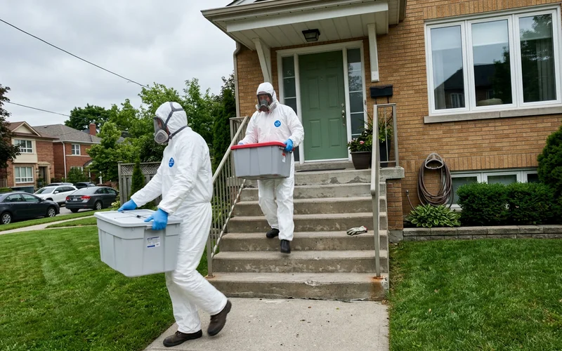 Two crew members carrying sealed bins down front steps