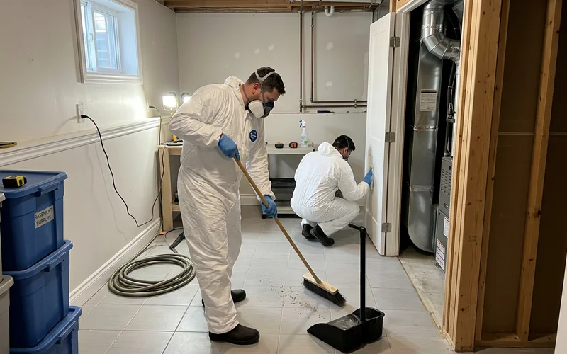 Crew in PPE clearing a path near a furnace room