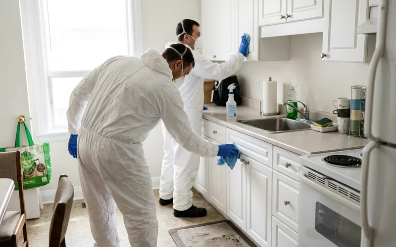 Two crew members wiping down kitchen cabinets