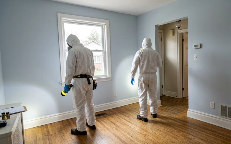 Two crew members checking a cleared living room with flashlights