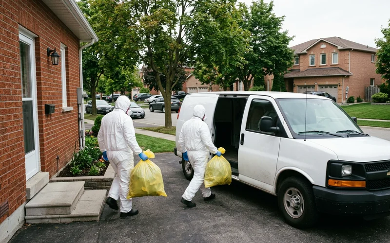 Two crew members carrying sealed bags out a side door to an unmarked van