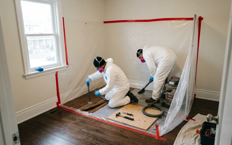 Two crew members removing flooring inside containment sheeting
