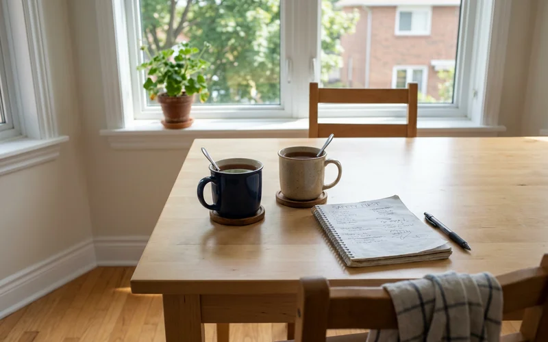 Two mugs of tea beside a handwritten list on a clean kitchen table