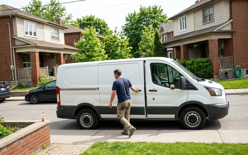 Unmarked white cleanup van parked on a quiet residential street