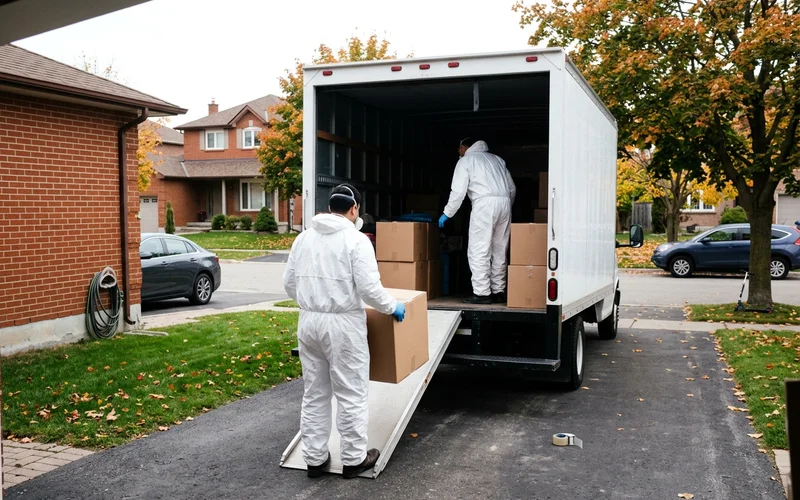 Two crew members loading sealed boxes into an unmarked truck