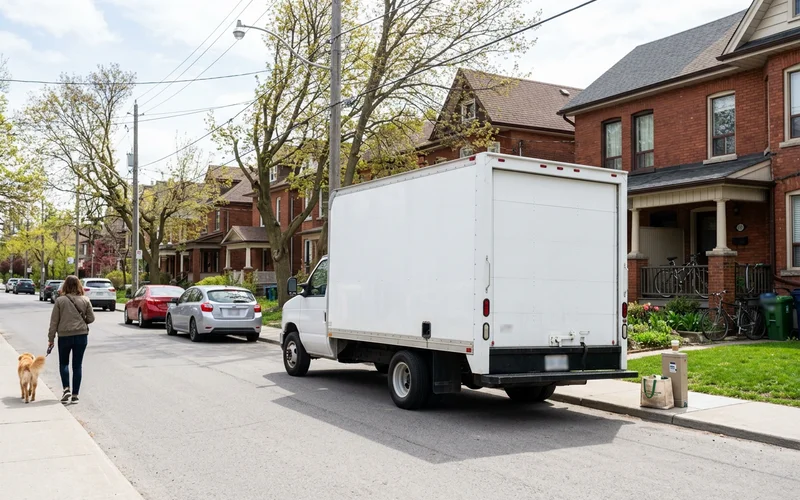 Unmarked white box truck on a quiet Toronto side street