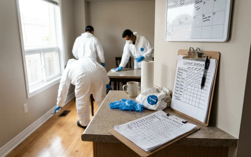 Wall calendar and clipboard with a cleanup schedule on a kitchen counter