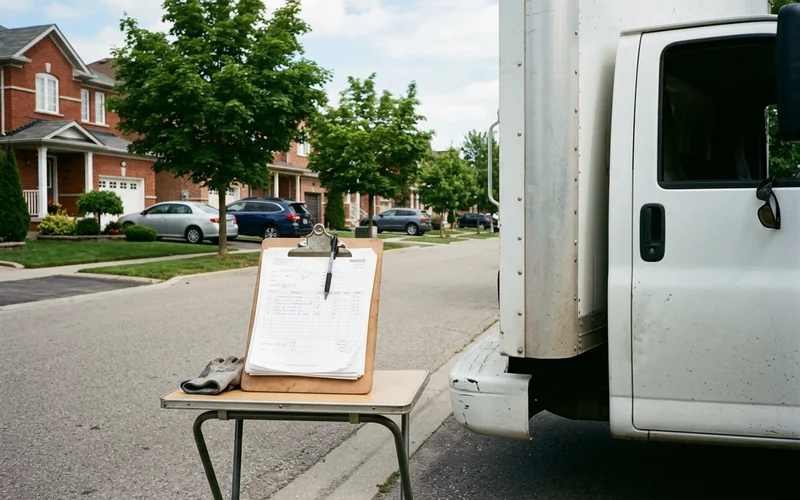 Weigh tickets and an invoice on a clipboard beside an unmarked truck