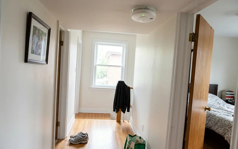 Working smoke alarm above a clear hallway