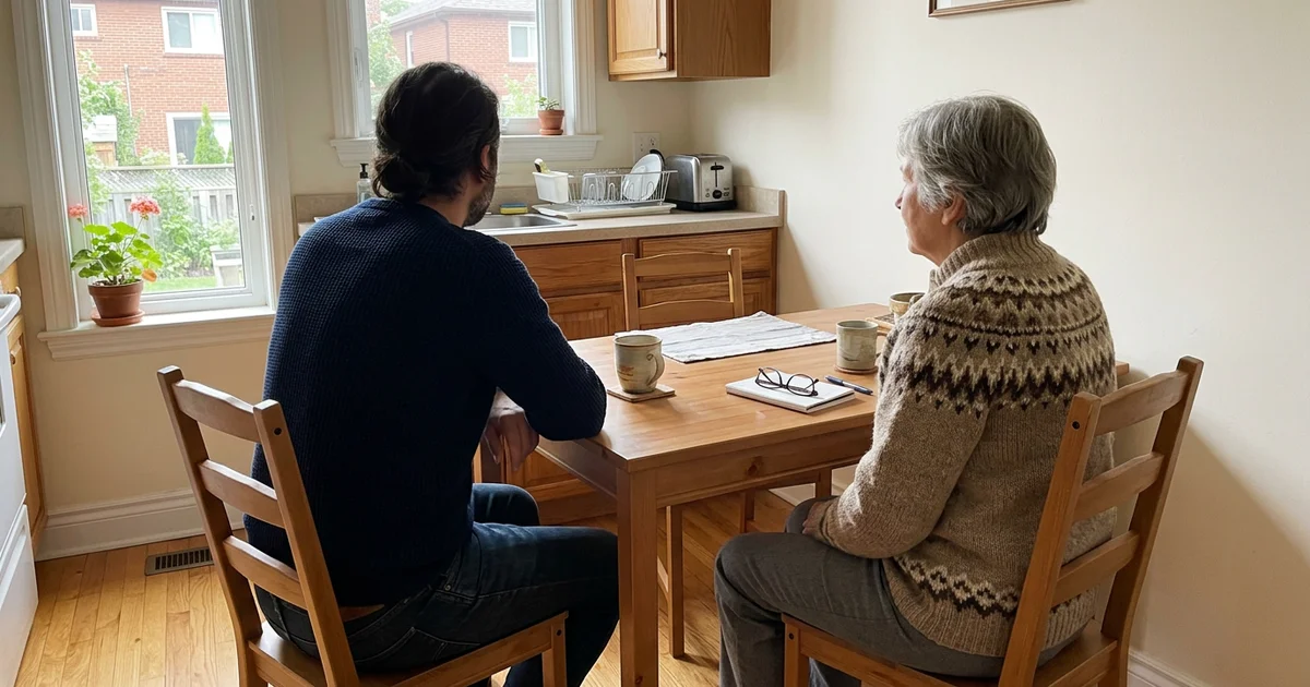 Adult child and senior parent seated together at a tidy kitchen table, seen from behind