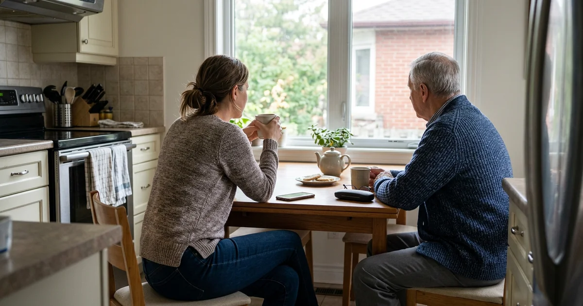 Adult daughter and senior father at a clean kitchen table, seen from behind