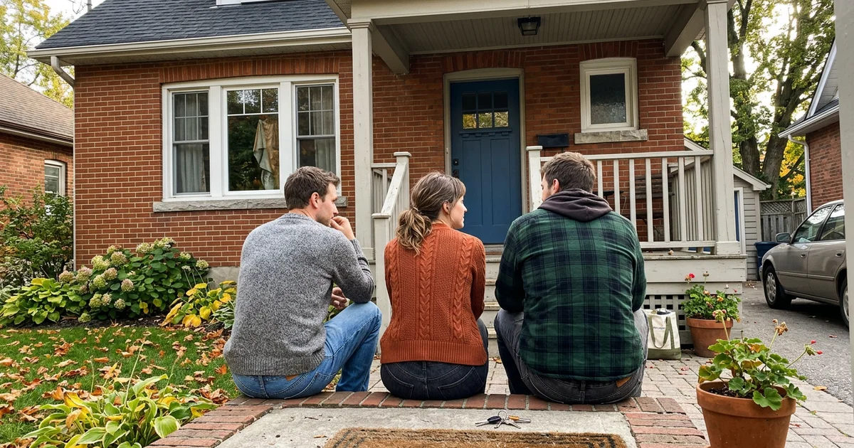 Adult siblings sitting together on the front steps of a family home, seen from behind