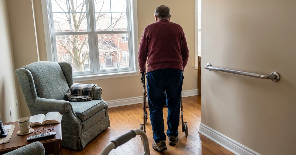 Bright, clear senior living room with a wide walkway and grab bar