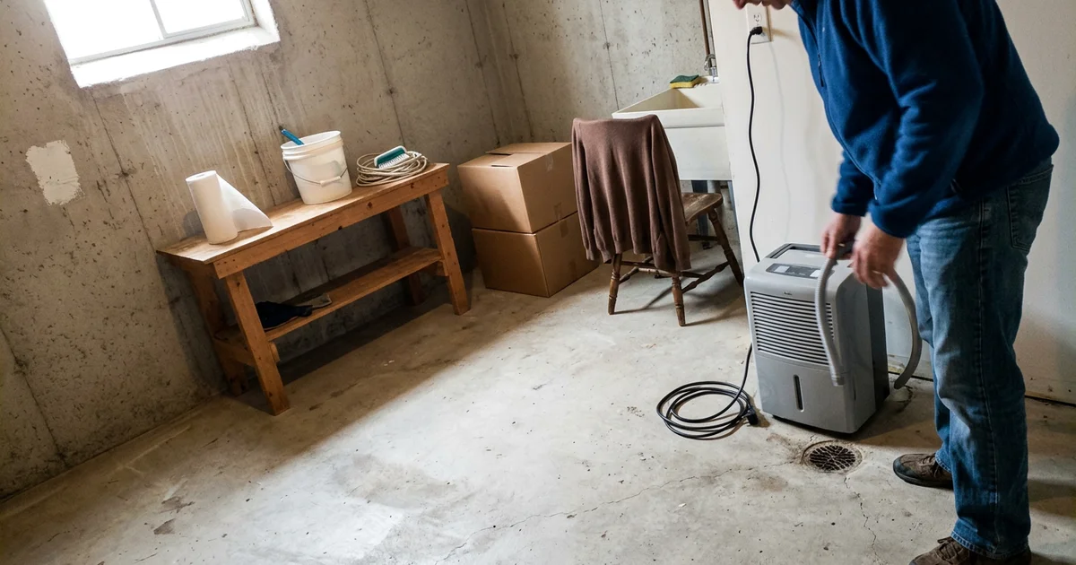 Clean, dry, cleared basement with a dehumidifier running