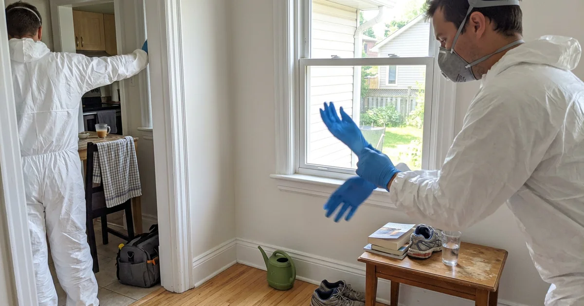 Technician pulling nitrile gloves over Tyvek sleeves, face out of frame