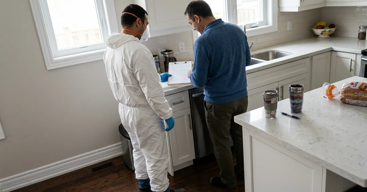 Crew lead and homeowner reviewing a written scope at a kitchen counter