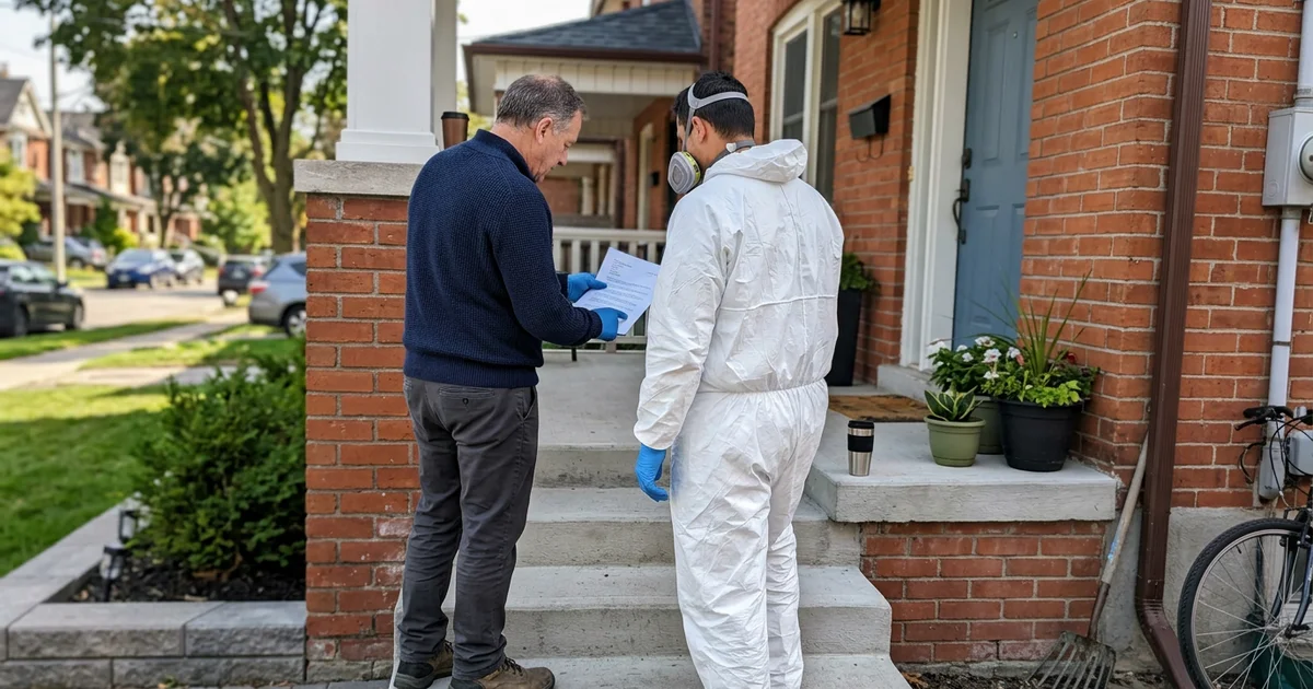 Crew lead and landlord reviewing a compliance letter on the front steps of a rental