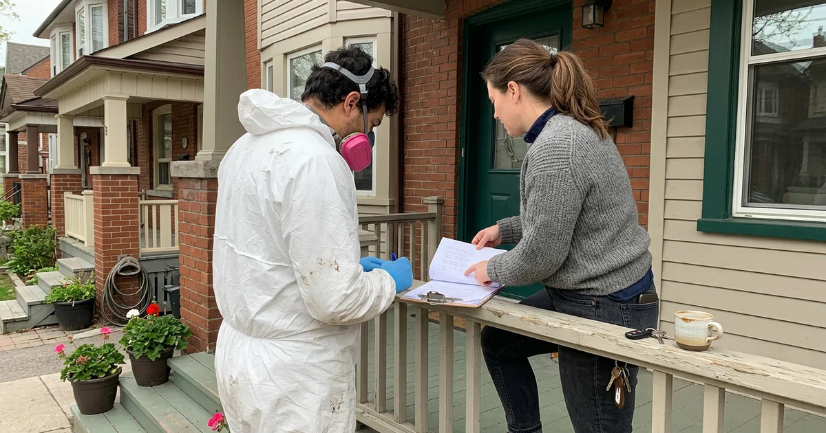 Crew lead and property manager reviewing paperwork on a Toronto porch