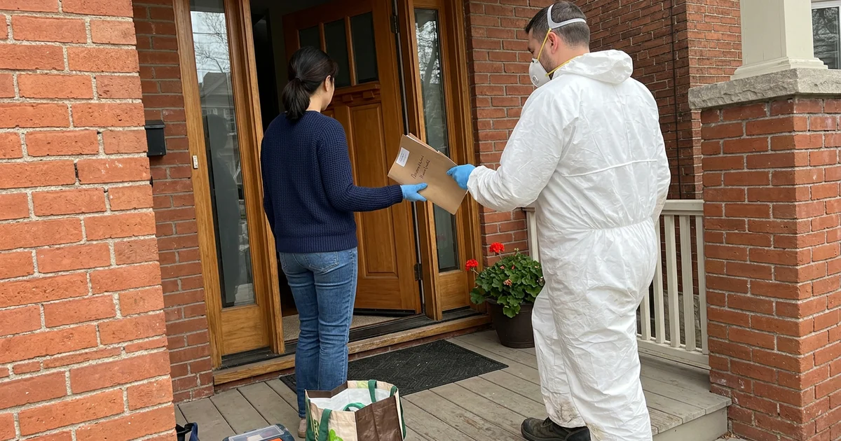 Crew lead handing a documentation folder to a homeowner at the front door