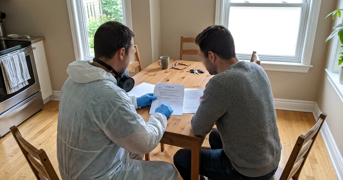 Crew lead and an adult son reading a cleanup plan at a kitchen table