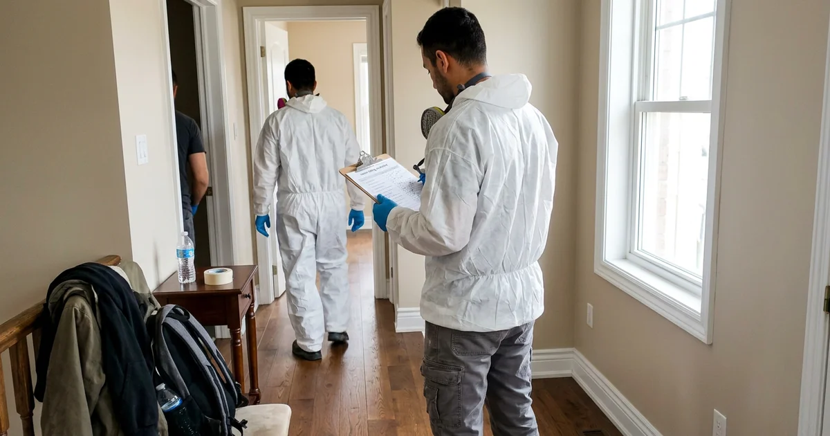 Crew lead holding a room rating checklist in a cleared hallway