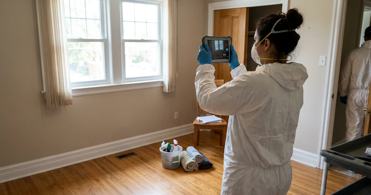 Crew lead photographing a contained room with a tablet for an insurance photo log
