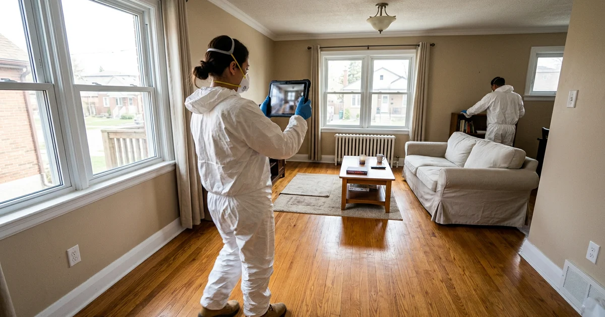 Crew lead photographing a cleaned room with a tablet for insurance documentation