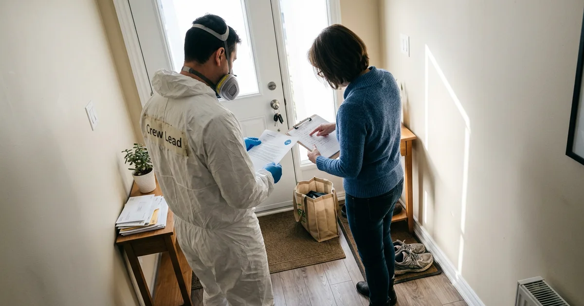 Crew lead walking a homeowner through a scope checklist in a clean entryway