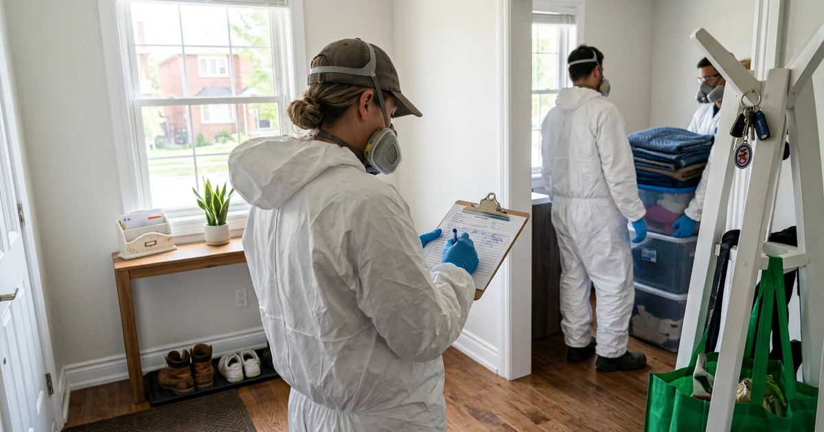 Crew lead in PPE writing an itemized estimate on a clipboard