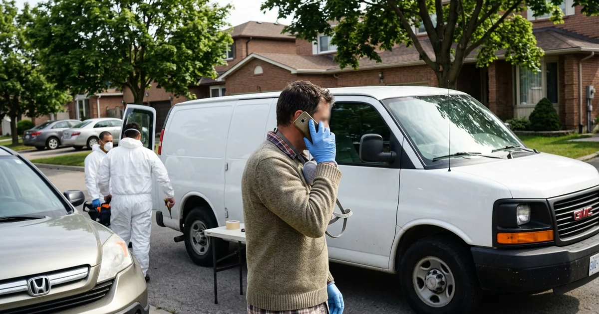 Crew lead on the phone beside an unmarked van