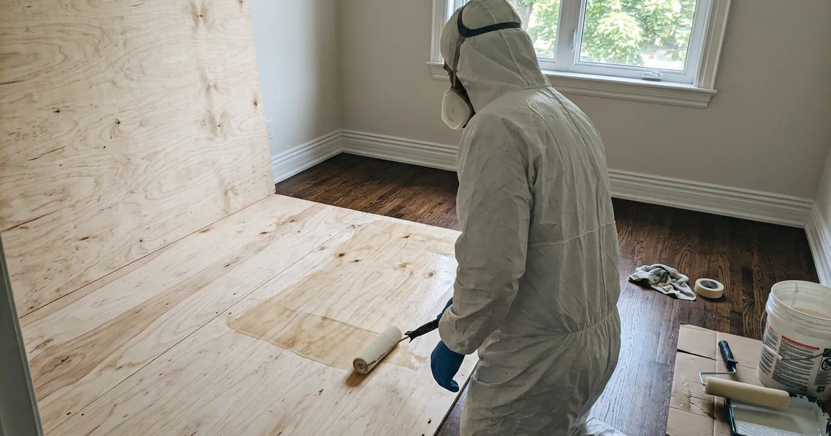 Crew member applying sealer to exposed subfloor with a roller