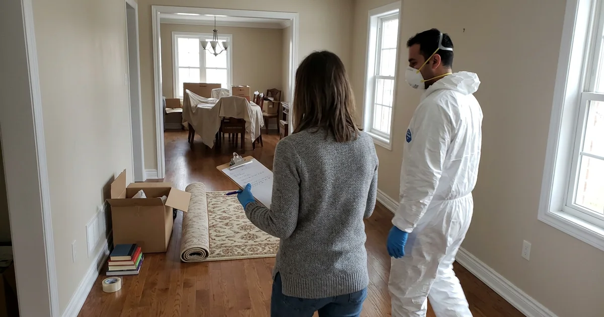 Executor and crew lead walking through a half-emptied home, seen from behind