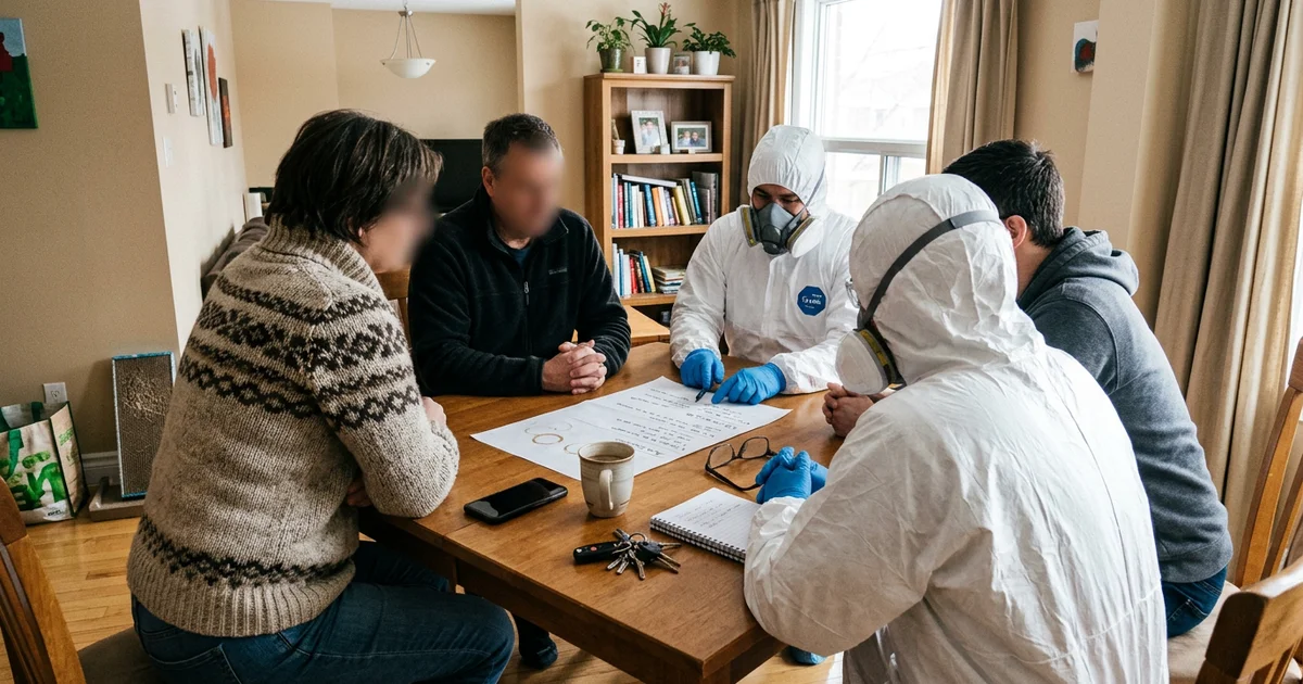 Family members and two crew members around a dining table with a written plan, faces not shown